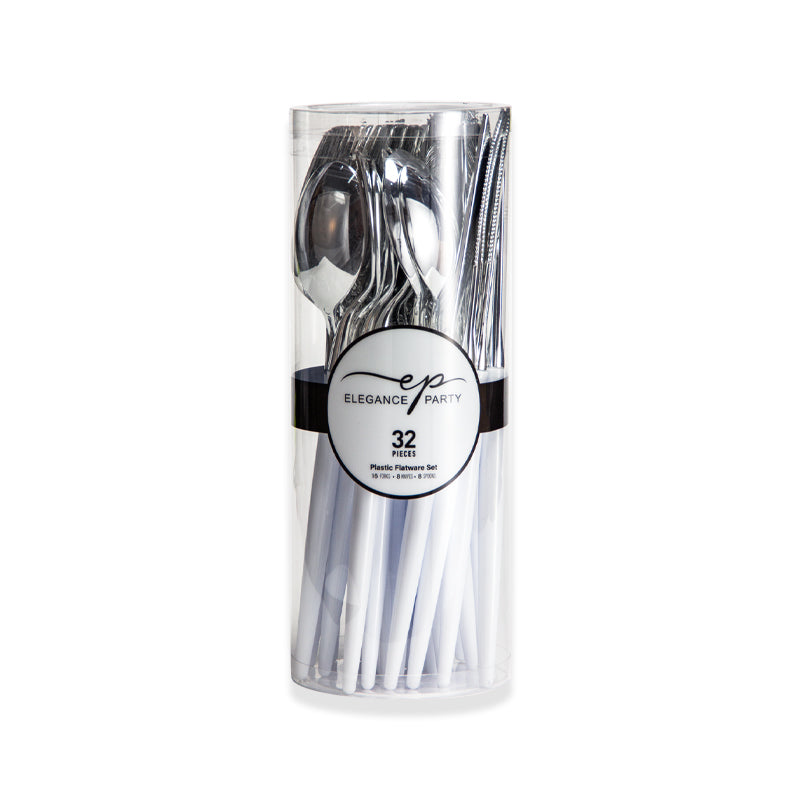 32 Piece Two-Tone Cutlery Set - White Base with Silver Top