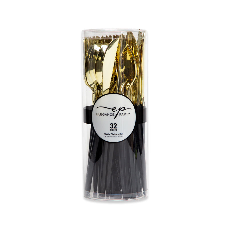 32 Piece Two-Tone Cutlery Set - Black Base with Gold Top