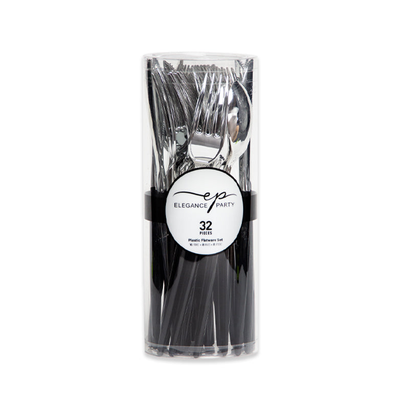 32 Piece Two-Tone Cutlery Set - Black Base with Silver Top