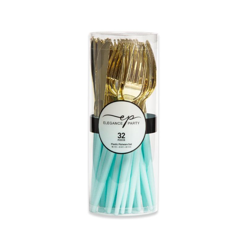32 Piece Two-Tone Cutlery Set - Mint Base with Gold Top
