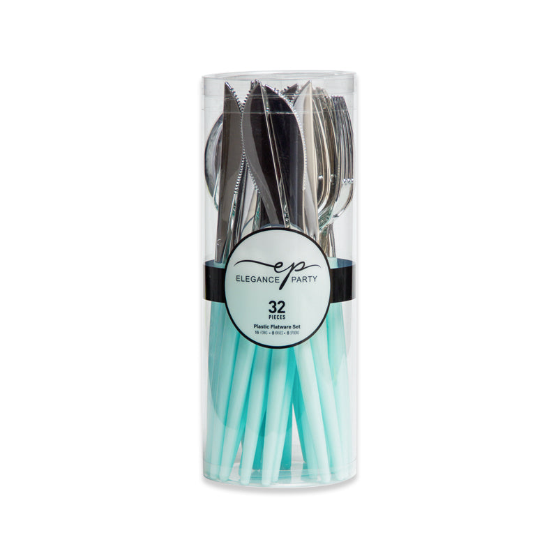 32 Piece Two-Tone Cutlery Set - Mint Base with Silver Top