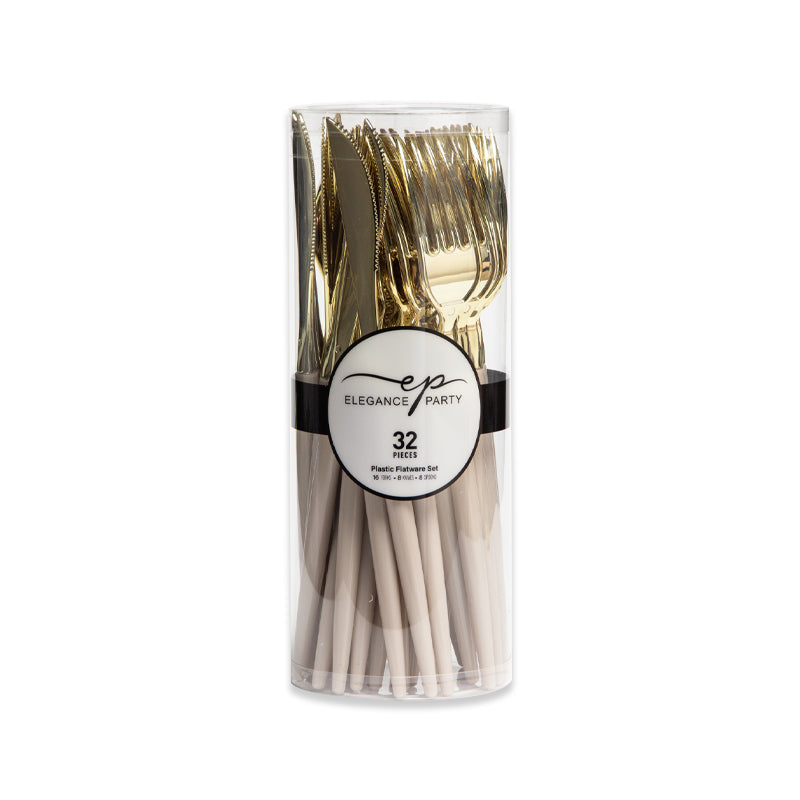 32 Piece Two-Tone Cutlery Set - Linen Base with Gold Top