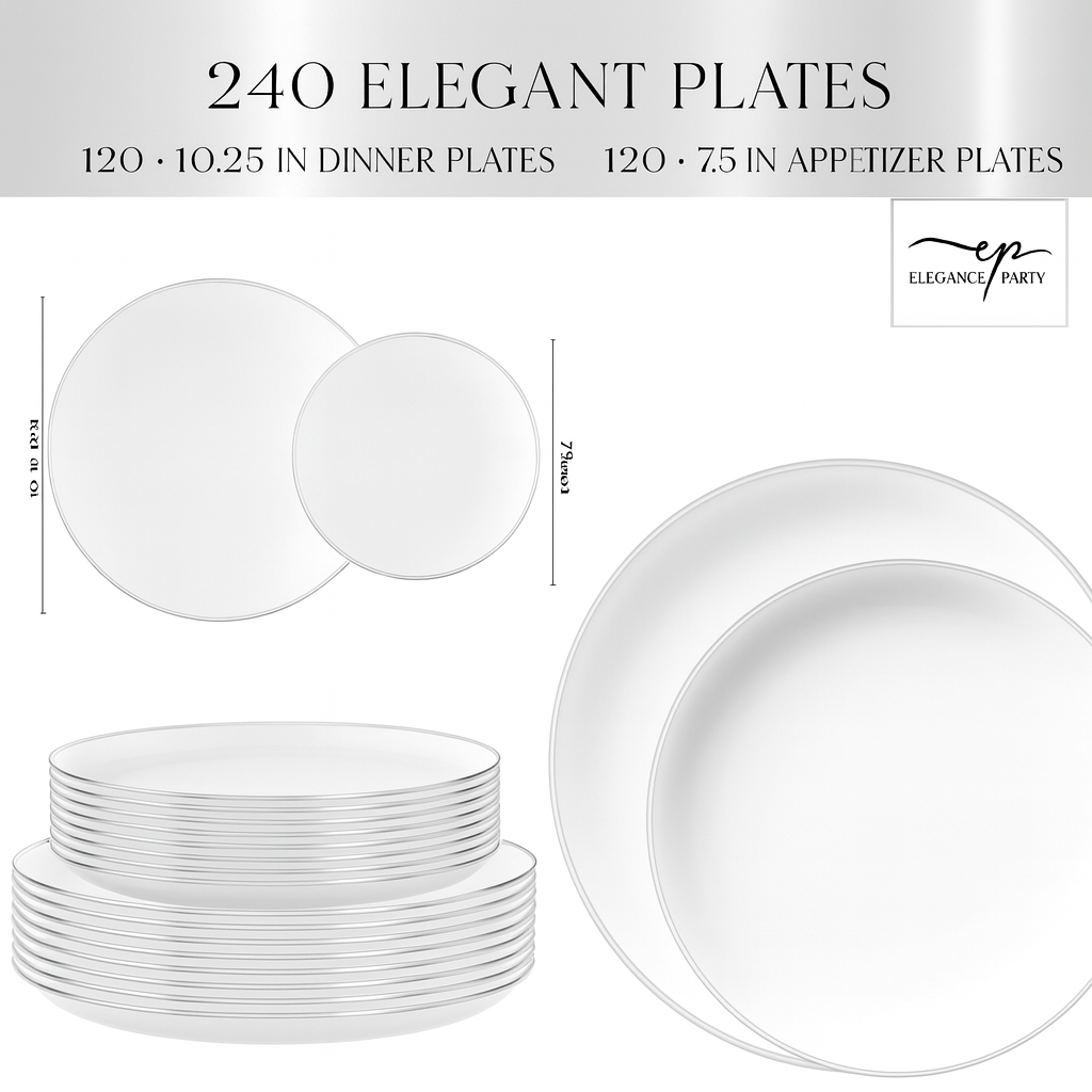 Bulk Case Value Pack – 240 Plates Only (Dinner + Salad/Dessert) – White with Silver Edge – 120 Settings