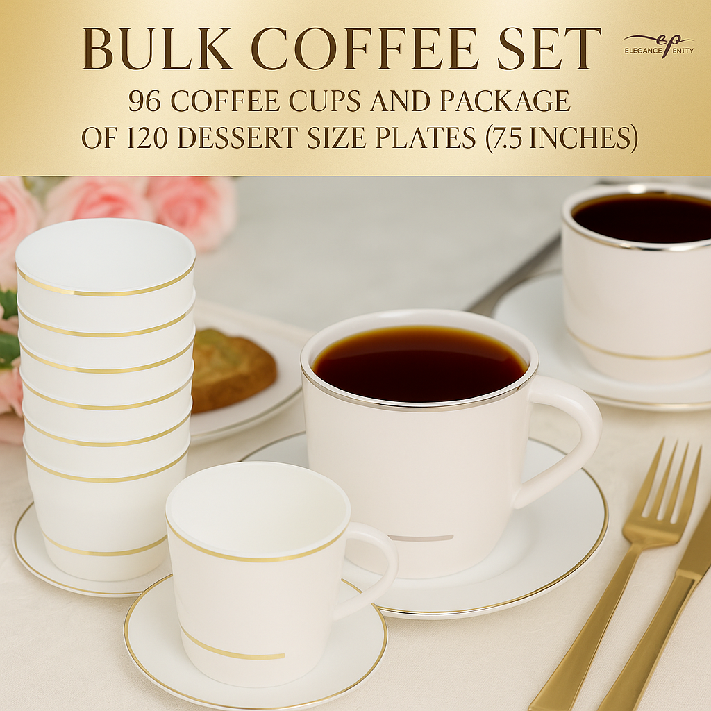 Bulk Case Value Pack – White with Gold Edge Coffee/Tea Cups + 7.5" Plates – 96 Cups + 120 Plates