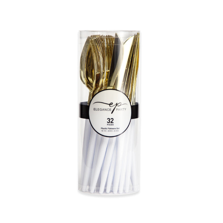 Elegant Two-Tone Cutlery – 384 Pieces (12 Packs of 32) – Service for 96 Guests – White Base with Gold/Silver Top (16 Forks, 8 Spoons, 8 Knives per Pack)
