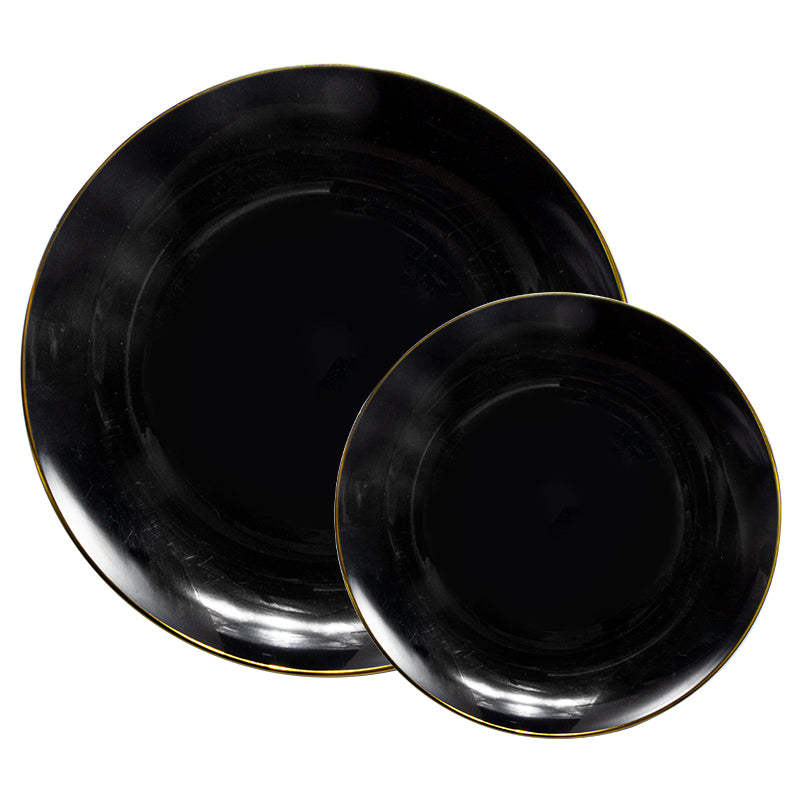 10.25" Dinner Plates – 120 Count (12 Packs of 10) – Black with Elegant Gold/Silver Rim