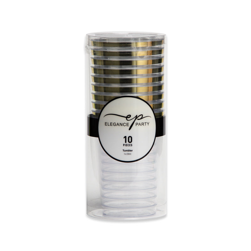 9oz Tumblers – 120 Count (12 Packs of 10) – Clear / Gold Rim / Silver Rim