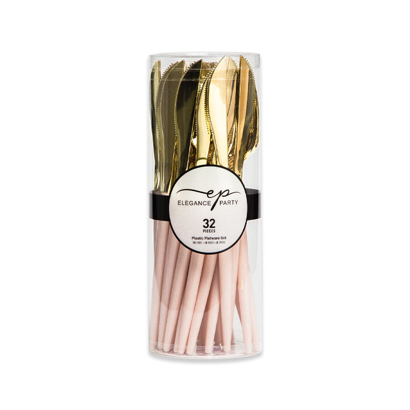 32 Piece Two-Tone Cutlery Set - Blush Base with Gold Top
