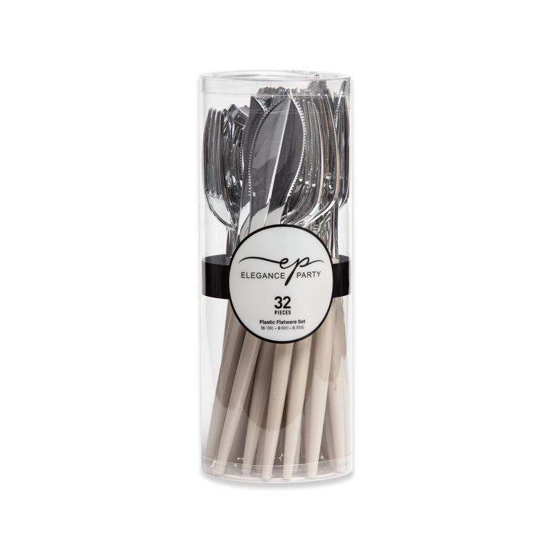 Elegant Two-Tone Cutlery – 384 Pieces (12 Packs of 32) – Service for 96 Guests – Linen Base with Gold/Silver Top (16 Forks, 8 Spoons, 8 Knives per Pack)