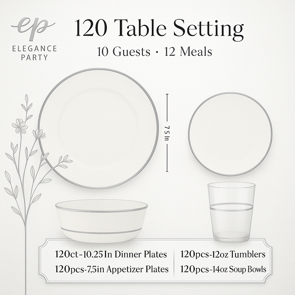 Bulk Case Value Pack 120 Units  Plates BundleWhite &/ Silver Edge – Plates Only Bundle (Dinner + Salad/Dessert) 120 settings
