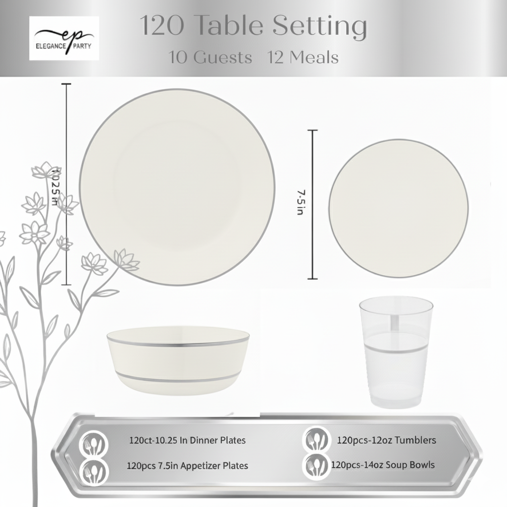 Bulk Case Value Pack 120 Units  Bulk Case Value Pack 120 Units  Bulk Case Value Pack 240 Units  Full Dinnerware Bundle White & Gold / Silver Edge – Complete Dinnerware Bundle (Plates + Bowls + Tumblers)