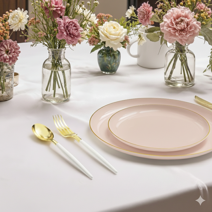 10.25" Dinner Plates – 120 Count (12 Packs of 10) – Blush with Elegant Gold/Silver Rim