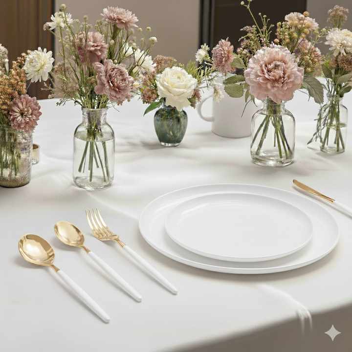 7.5" Appetizer/Dessert Plates – 120 Count (12 Packs of 10) – White with Elegant Gold/Silver Rim