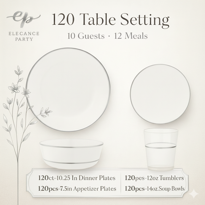 Bulk Case Value Pack 120 Units  Plates BundleWhite &/ Silver Edge – Plates Only Bundle (Dinner + Salad/Dessert) 120 settings