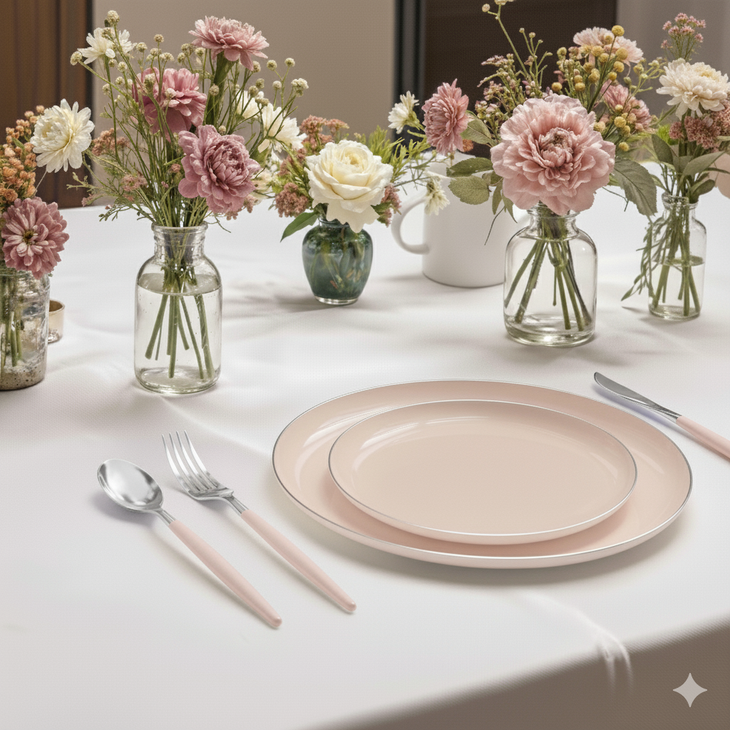 10.25" Dinner Plates – 120 Count (12 Packs of 10) – Blush with Elegant Gold/Silver Rim
