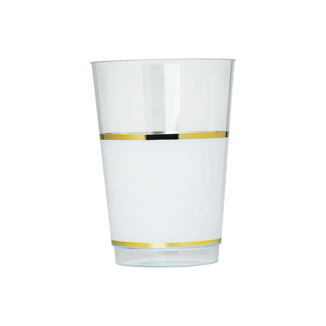 12oz Tumblers – 120 Count (12 Packs of 10) – White and Clear with Elegant Gold/Silver Rim
