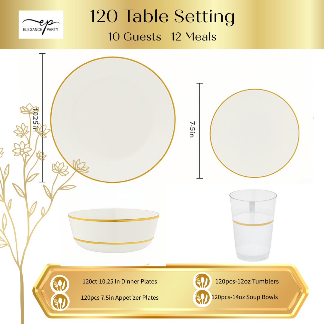 Bulk Case Value Pack 120 Units  Bulk Case Value Pack 120 Units  Bulk Case Value Pack 240 Units  Full Dinnerware Bundle  White & Gold / Silver Edge – Complete Dinnerware Bundle (Plates + Bowls + Tumblers)