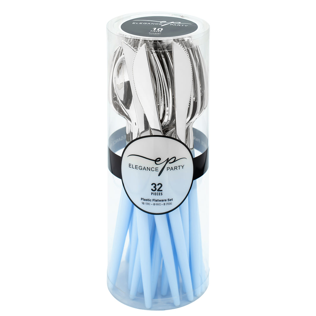 32PCS Cutlery Set Ice Blue + Silver