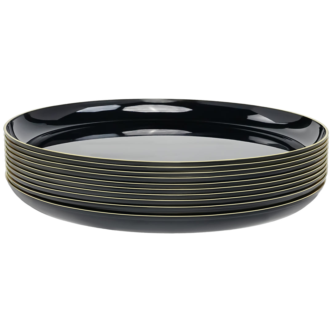 10.25" Dinner Plates – 120 Count (12 Packs of 10) – Black with Elegant Gold/Silver Rim