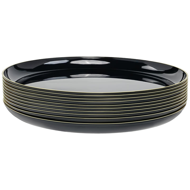10.25" Dinner Plates – 120 Count (12 Packs of 10) – Black with Elegant Gold/Silver Rim