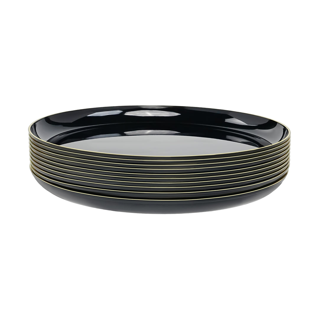 10.25" Dinner Plates – 120 Count (12 Packs of 10) – Black with Elegant Gold/Silver Rim