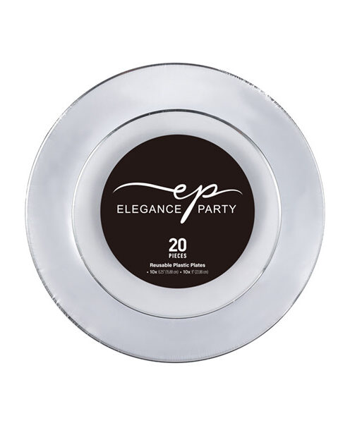 Elegance Plastic Plate 6.3" and 9" White +Rim Stamp Sliver 20Pcs