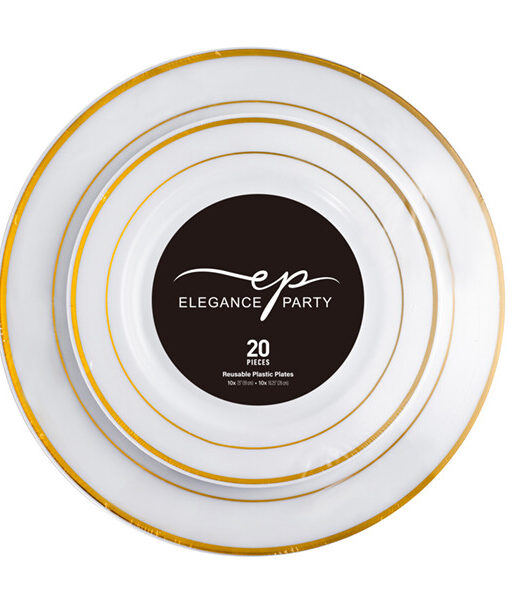 Elegance Plastic Plate 7.5" and 10.25" White +2 lines Gold Stamp 20Pcs