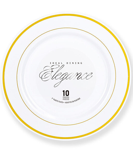 Elegance Plate 9" White + 2 Line Stamp Gold
