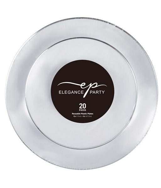 Elegance Plastic Plate 7.5" and 10.25" White +Rim Stamp Silver 20Pcs
