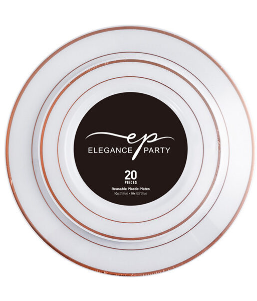 Elegance Plastic Plate 7.5" and 10.25" White +2 lines Rose Gold 20Pcs