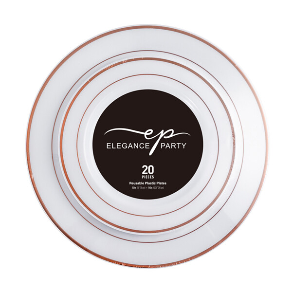 Elegance Plastic Plate 7.5" and 10.25" White +2 lines Rose Gold 20Pcs